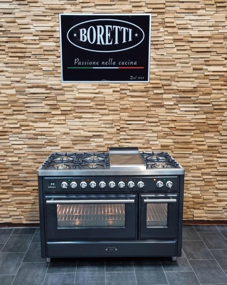 Luxe Boretti Majestic Fornuis 120cm antraciet 7 pit 2 oven, Witgoed en Apparatuur, Fornuizen, Zo goed als nieuw, Vrijstaand, Gas