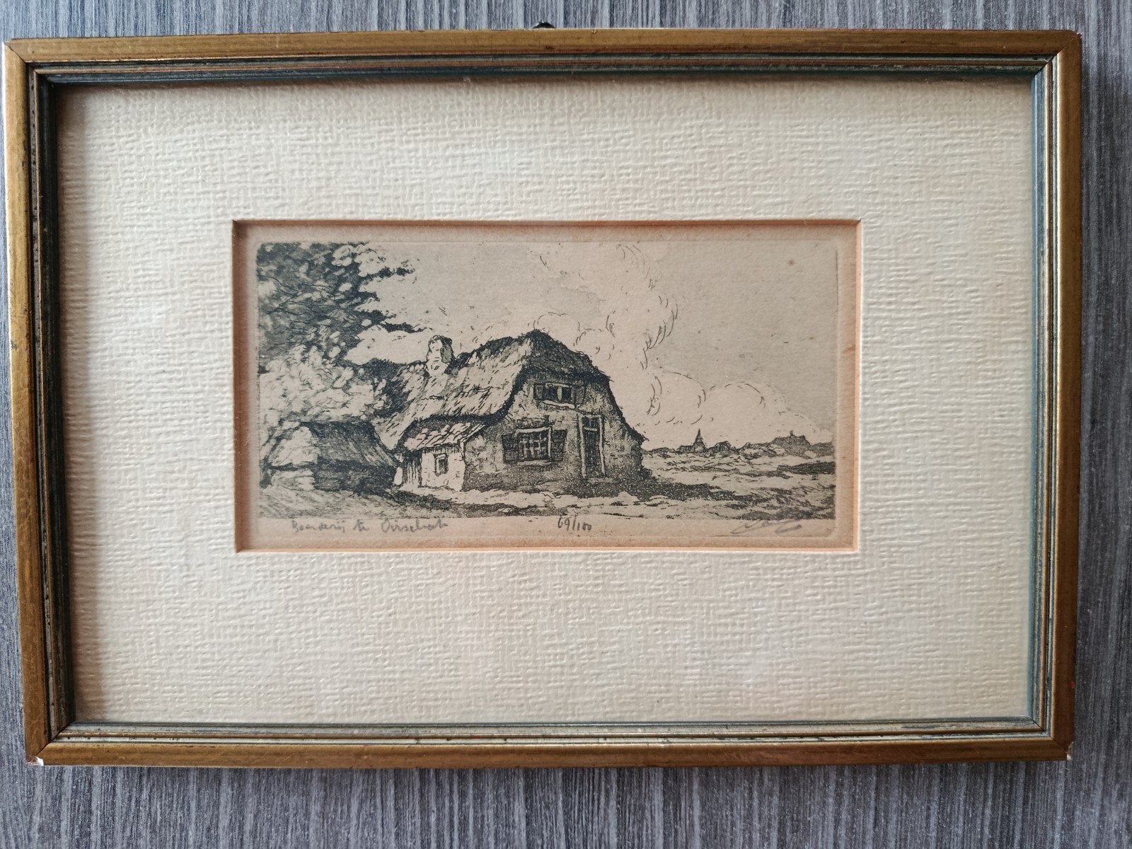 Ets 'Boerderij te Oirschot' - Genummerd en Gesigneerd, Ets, Ingelijst, Ophalen of Verzenden, Landschap