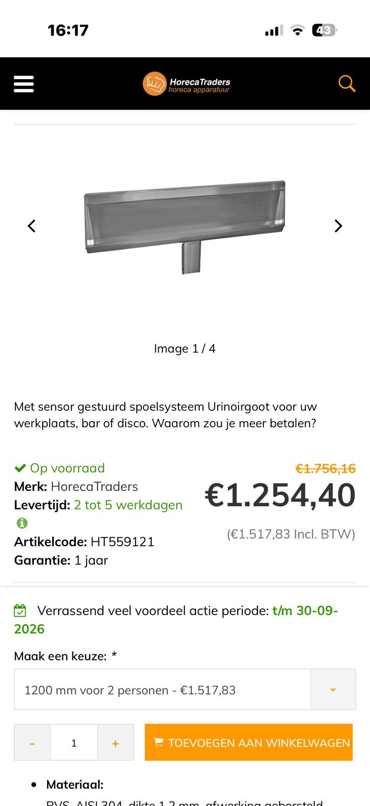 Rvs Urinoir goot 1200 mm thermo flush, Ophalen of Verzenden, Nieuw, Rvs