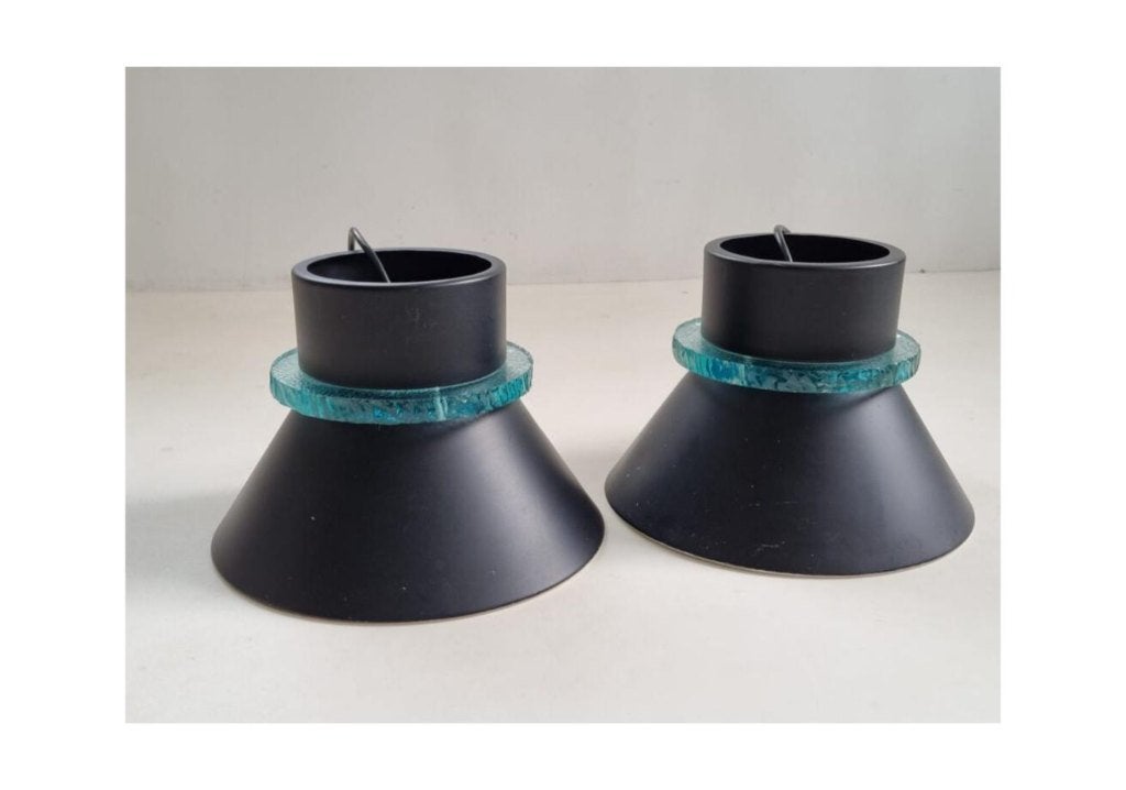 Set 2 Hiemstra Evolux hanglampen zwart turquoise glas, Ophalen of Verzenden, Gebruikt, Glas, E27 (groot)