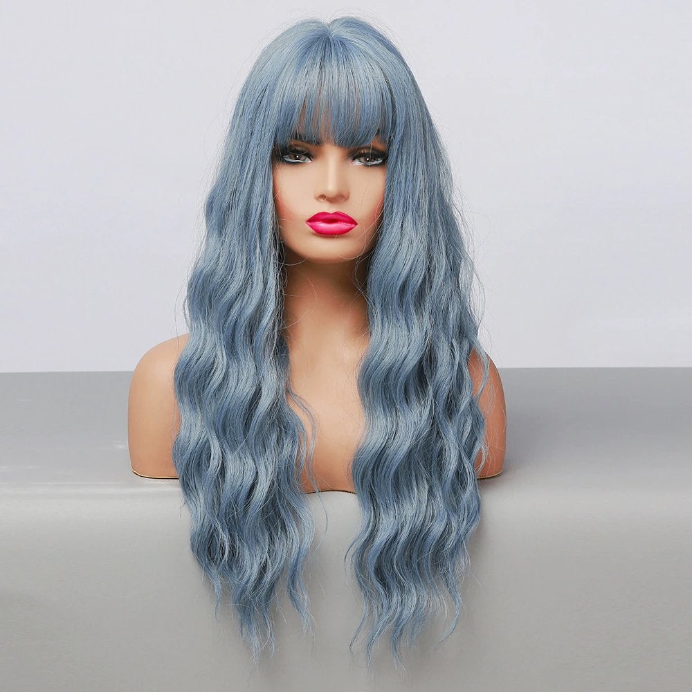 Blauwe Grijze Lange Golvende Pruik Met Bob Haar Haren Dames, Verzenden, Nieuw, Pruik of Haarverlenging