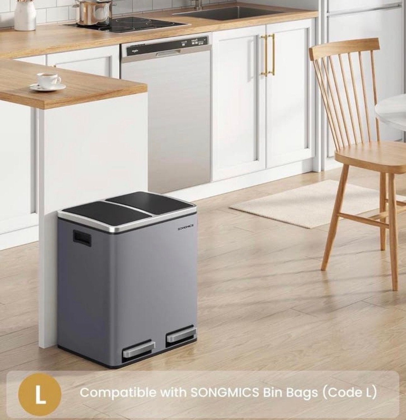 SONGMICS Afvalemmer met 2 vakken - 2x15L - Grijs NIEUW, Huis en Inrichting, Woonaccessoires | Prullenbakken, Met pedaal, Nieuw