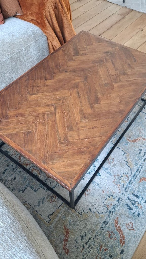 Visgraat salontafel (100x65 cm) – hout & metaal, Ophalen, 100 tot 150 cm, 50 tot 100 cm, Zo goed als nieuw