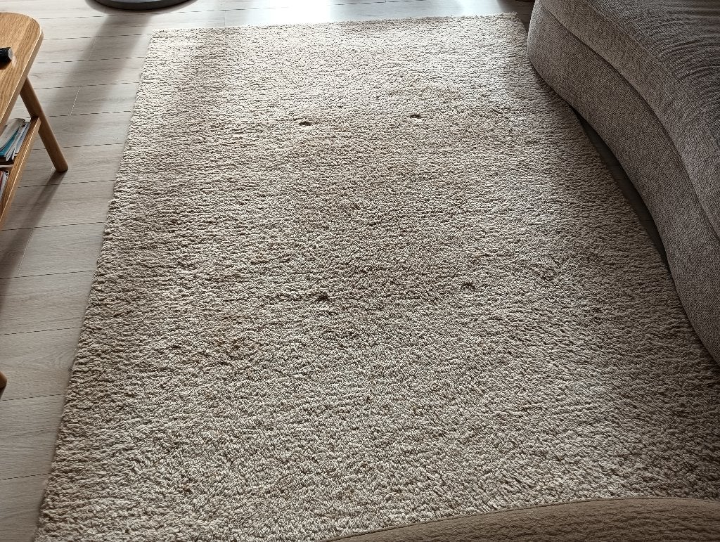 Hoogpolig handgemaakt wol vloerkleed te koop, Ophalen, Beige, 150 tot 200 cm, 200 cm of meer