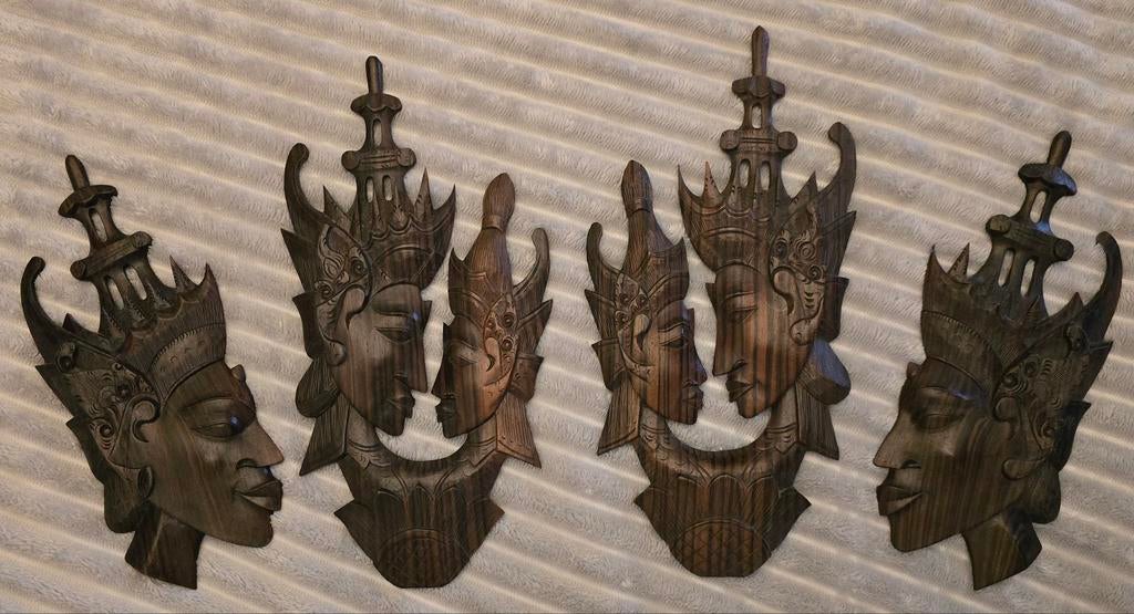 4 Handgesneden Aziatische Houten Maskers / Wandpanelen, Ophalen of Verzenden