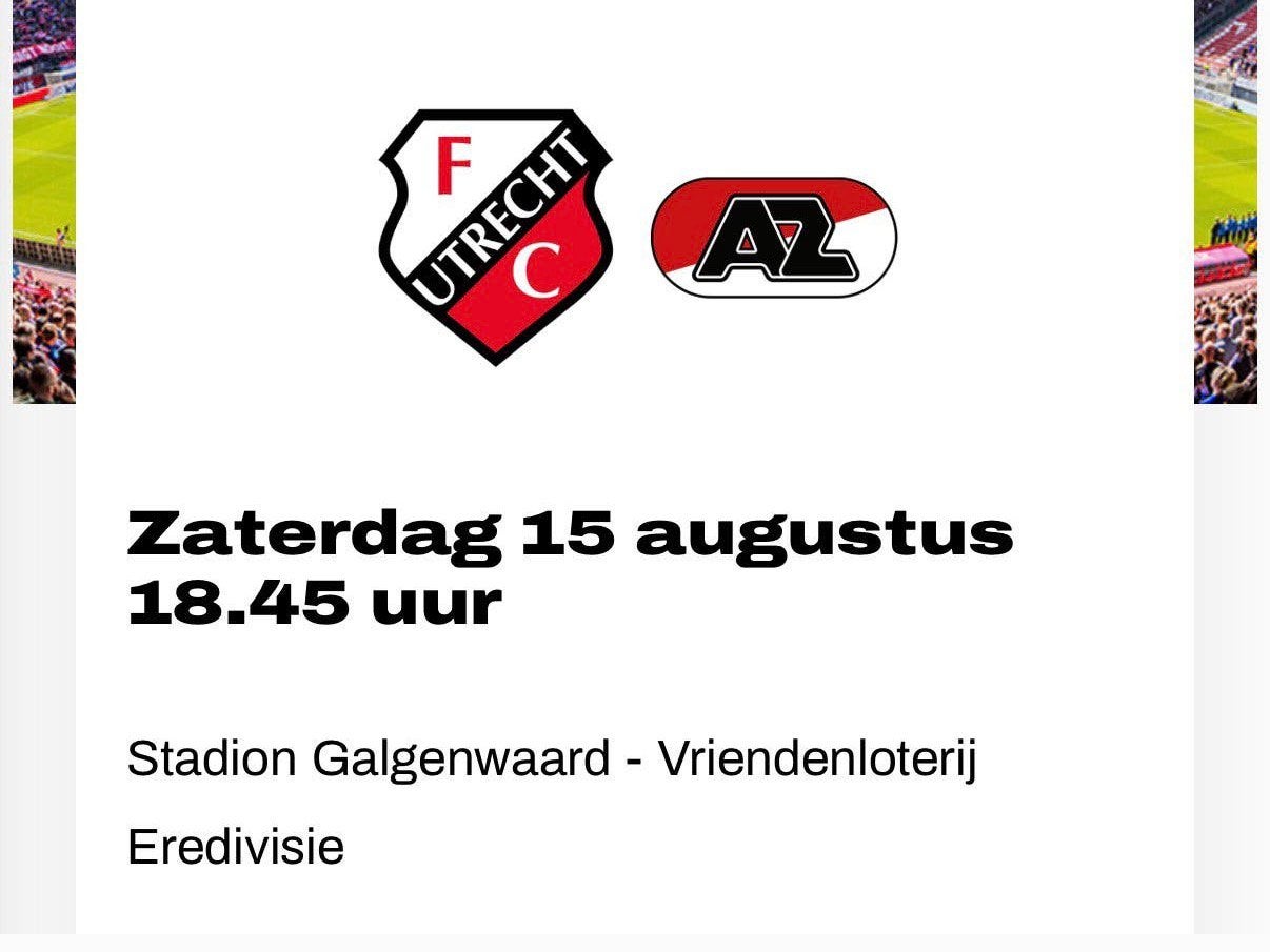 Fc-Utrecht - AZ uitvak 1 kaartje, Tickets en Kaartjes, Eén persoon, Overige soorten