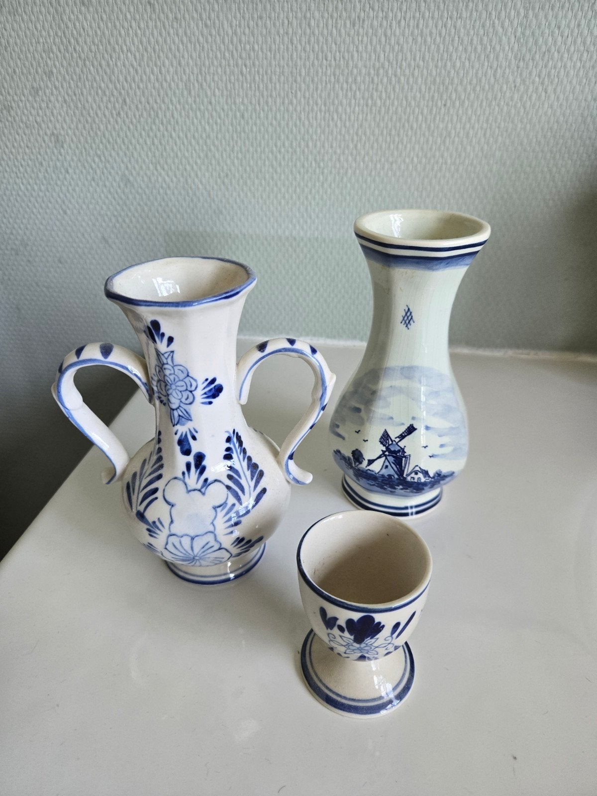 Delfts Blauw Miniatuur Vazen en Eierdopje Set, Antiek en Kunst, Antiek | Vazen, Ophalen of Verzenden