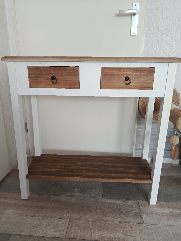Sidetable, wit-onbehandeld hout, Ophalen, Landelijk en past in iedere interieur, Gebruikt, 50 tot 100 cm