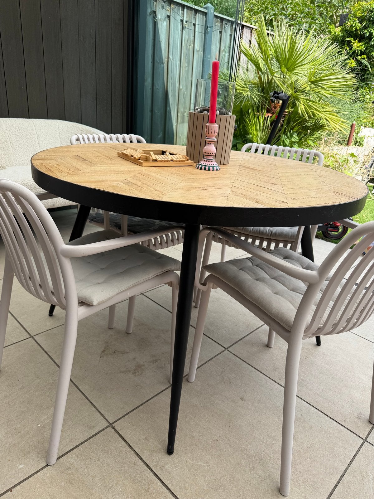 Ronde houten eettafel met vissengraat - 120cm dia 78cm hoog, Ophalen, Gebruikt, Rond, Modern