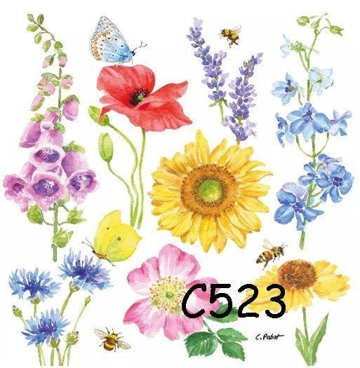 Servetten decoupage/bullet journal – bloemen + vlinders C523, Verzenden, Nieuw
