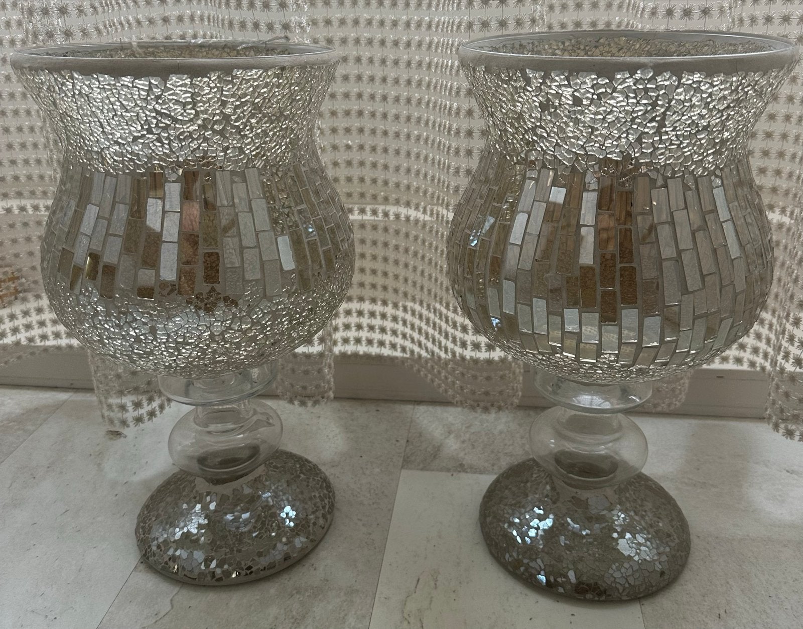 Set van 4 mozaïek vazen/windlichten, zilverkleurig, Gebruikt, Met patroon/structuur, Ophalen of Verzenden, Glas