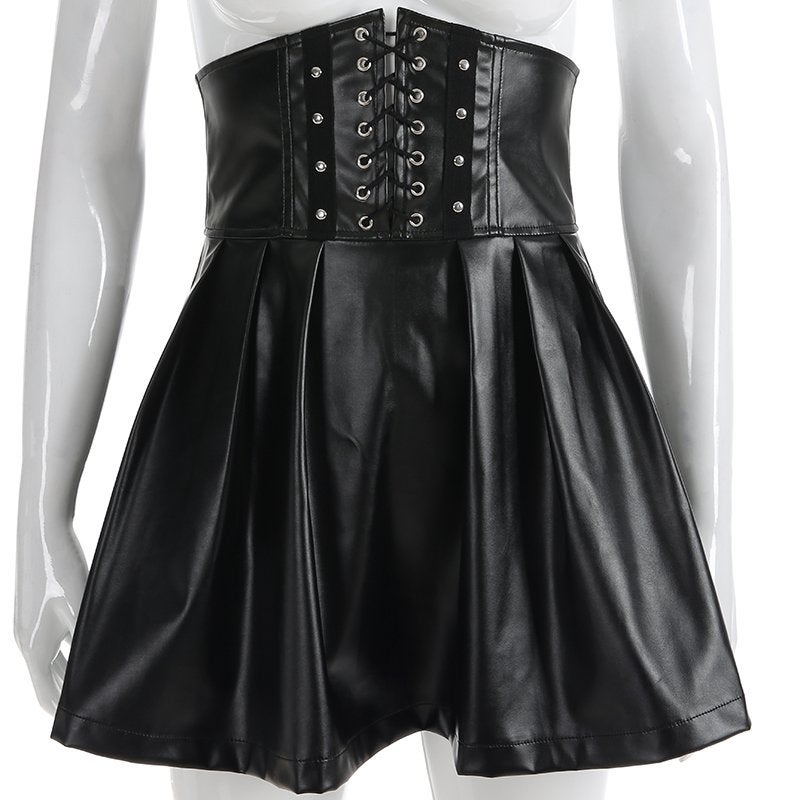 Zwarte kunstleren korset rok high waist plooirok dames rokje, Maat 38/40 (M), Verzenden, Zwart, Nieuw