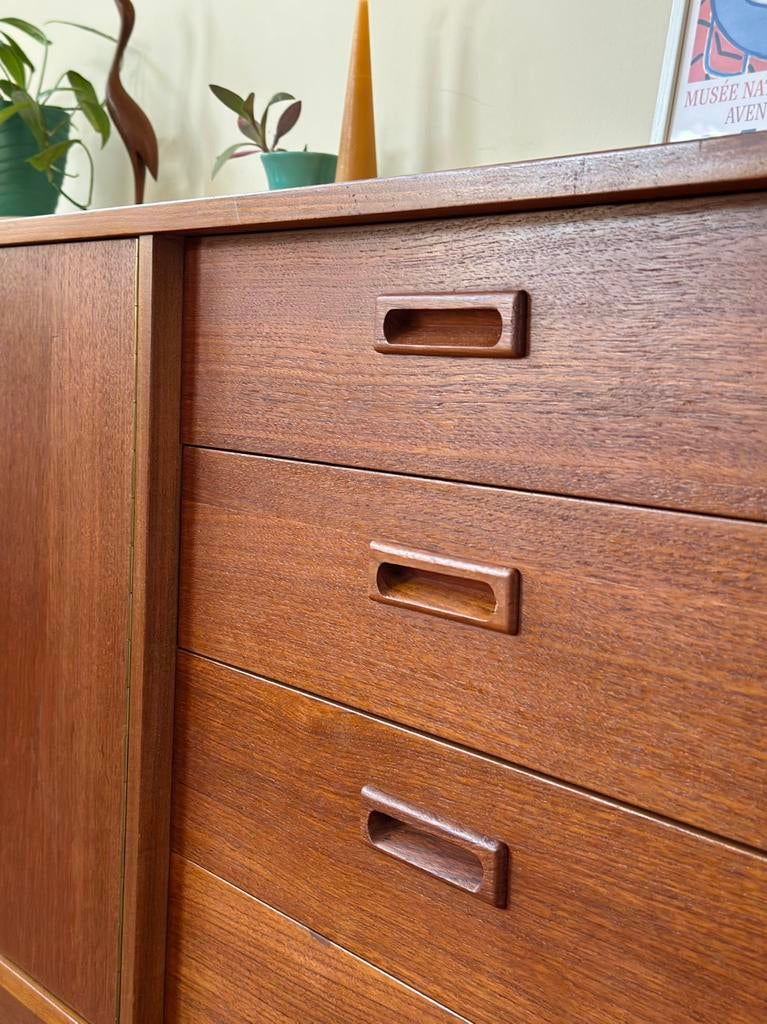 Vintage dressoir lowboard teak hout jaren 50/60/70, Ophalen, Gebruikt, Met deur(en), 150 tot 200 cm