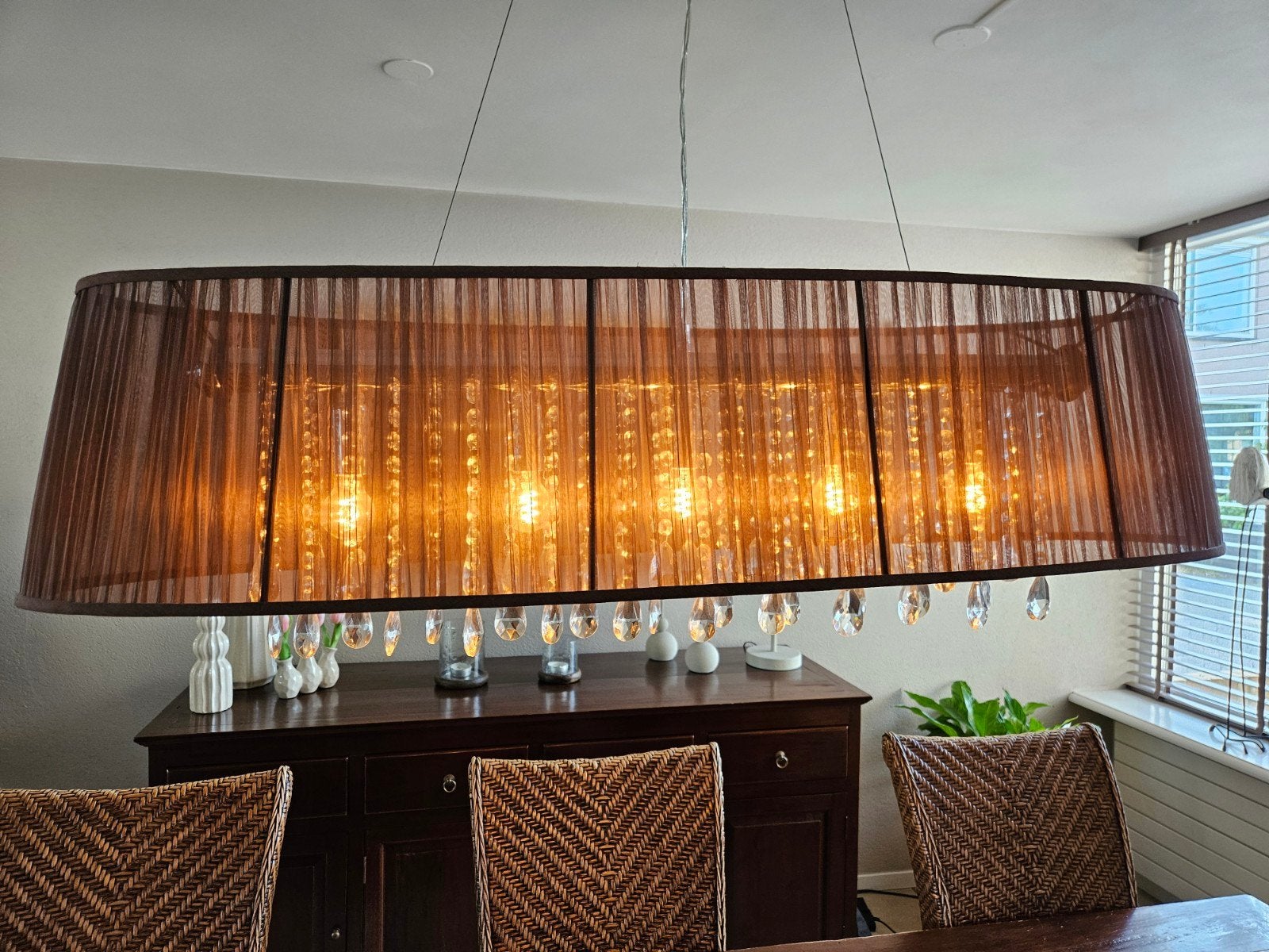 Prachtige hanglamp met glazen pegels - bruin/chroom, Ophalen, Gebruikt, Glas, Modern, Klassiek, Glamour
