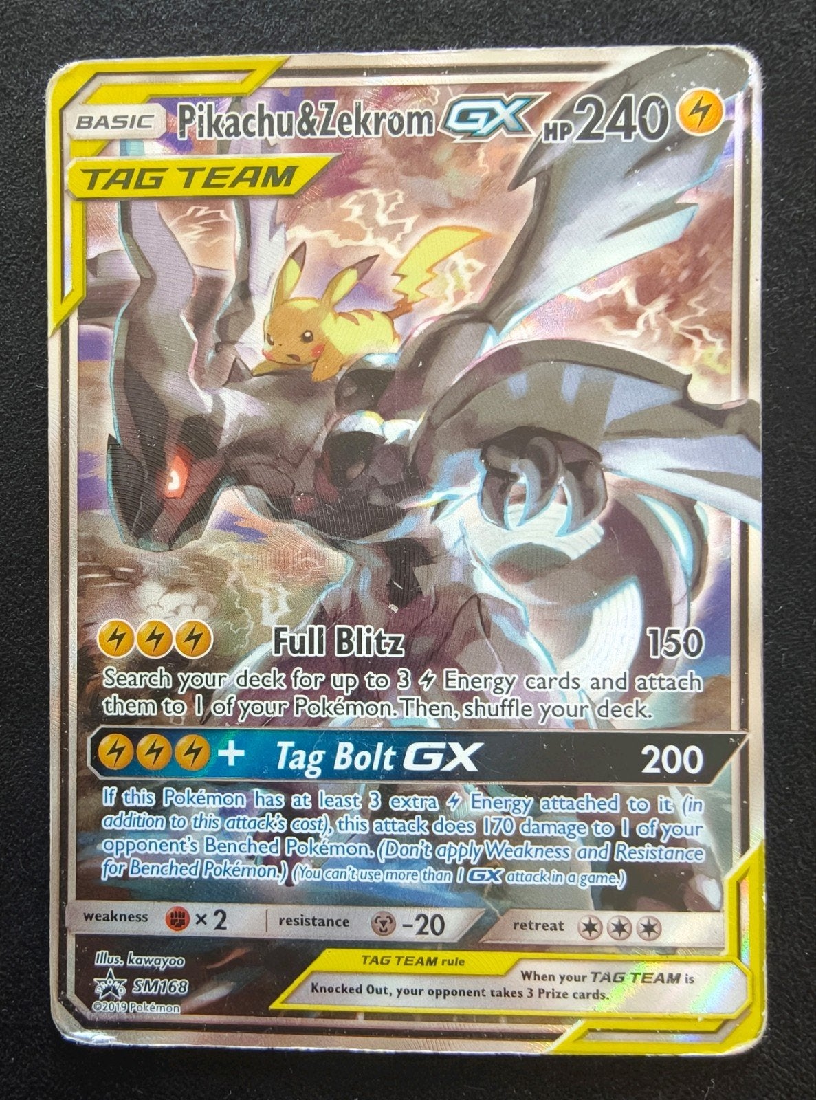 Pikachu & Zekrom GX (SM168), played, Hobby en Vrije tijd, Verzamelkaartspellen | Pokémon, Ophalen, Gebruikt