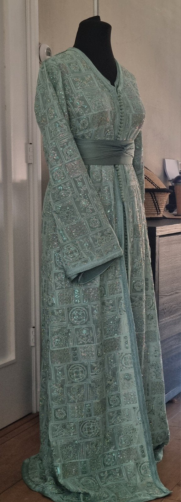 Mintgroene takchita maat S/M, takshita, marokkaanse jurk, Kleding | Dames, Overige typen, Zo goed als nieuw, Groen, Ophalen