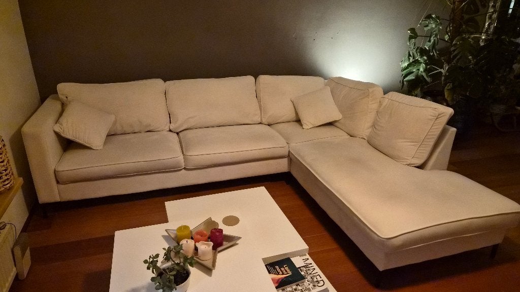 Hoekbank velvet creme als nieuw, Ophalen, 250 tot 300 cm, Creme velvet bekleding, modern, Hoekbank