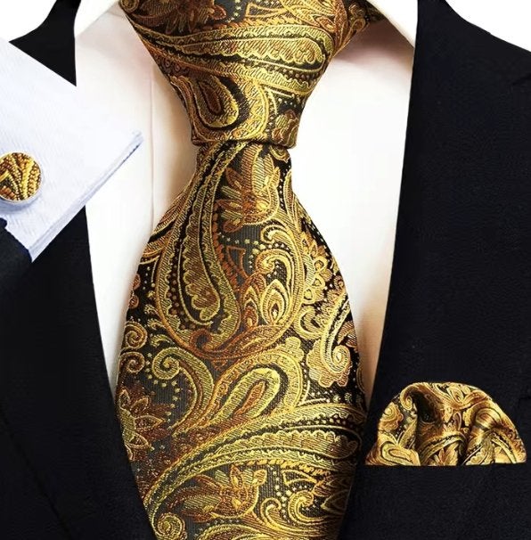Stropdas Pochet Manchetknopen Goud Paisley Handgeweven NIEUW, Ophalen of Verzenden, Nieuw, Overige kleuren, Met patroon