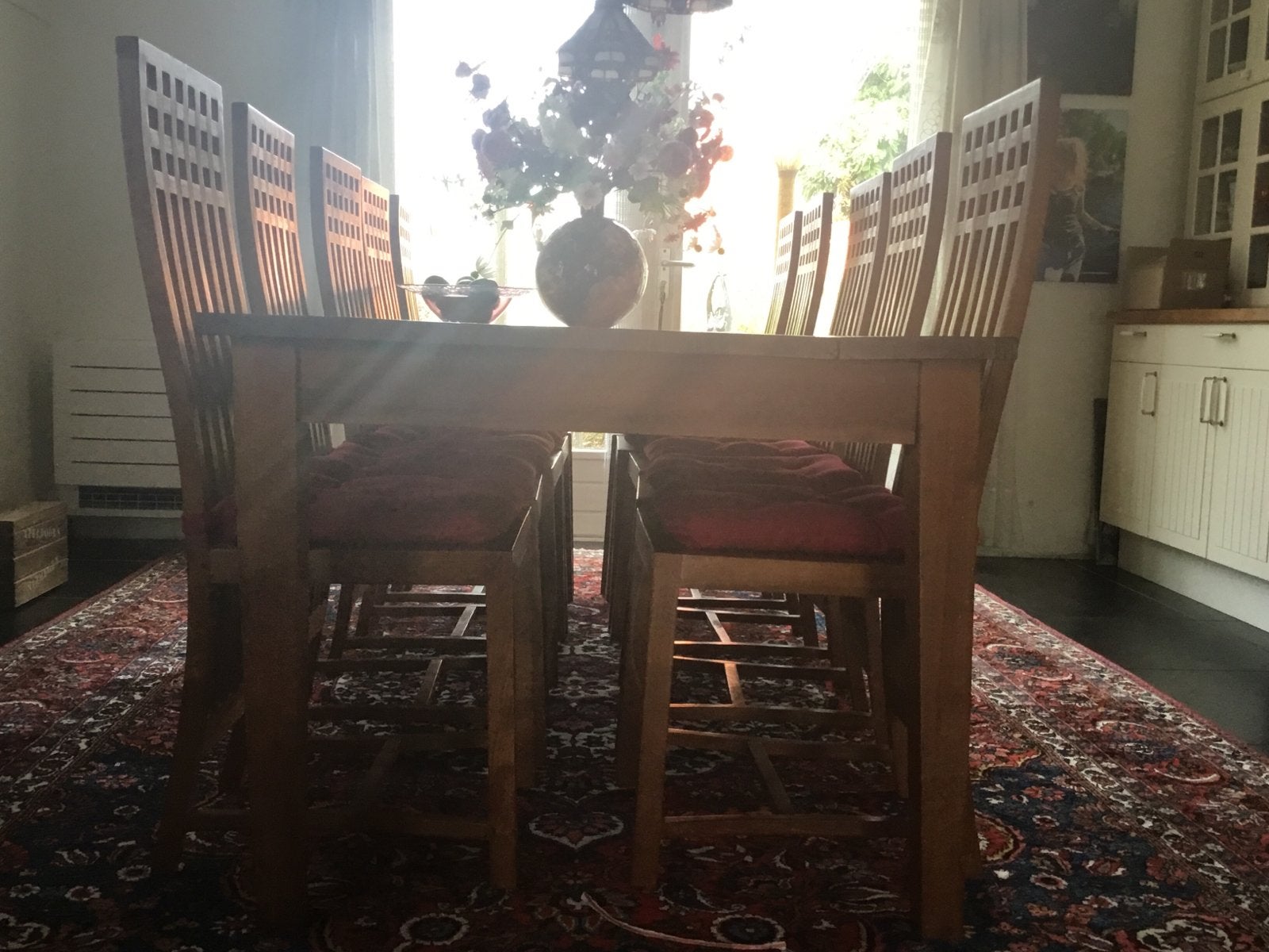 Teakhouten eettafel met 12 stoelen, Huis en Inrichting, Ophalen, Gebruikt, Teakhout, 200 cm of meer