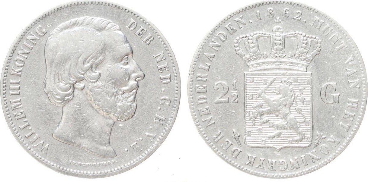 Zeldzame Rijksdaalder 1862 Willem III TYPE 2, Ophalen of Verzenden, Koning Willem III, 2½ gulden, Zilver