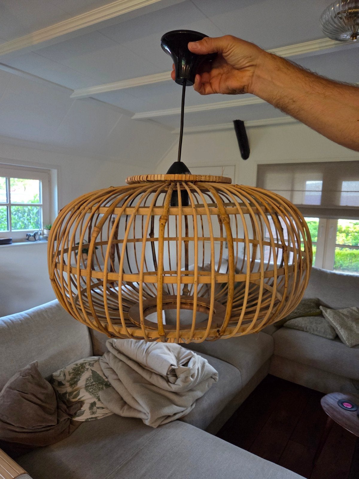 Rotan hanglamp, bamboe lampenkap, boho stijl, Ophalen of Verzenden, Zo goed als nieuw, Hout, Boho, Scandinavisch, Natuurlijk
