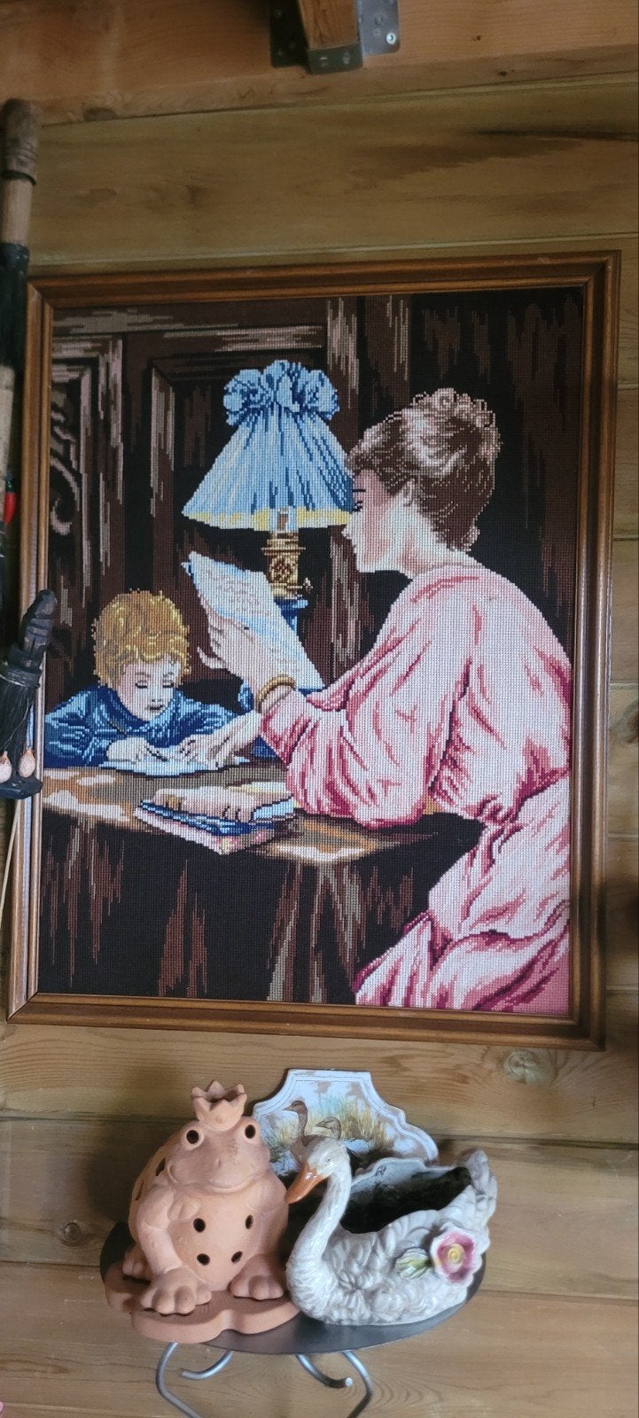 Vintage Gobelin Wandtapijt: Moeder en Kind Lezen, Ophalen of Verzenden