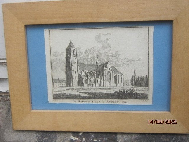 Kleine gravure v/d Gr. OLV kerk in Tholen in licht lijstje, Antiek en Kunst, Kunst | Etsen en Gravures, Ophalen, Gravure