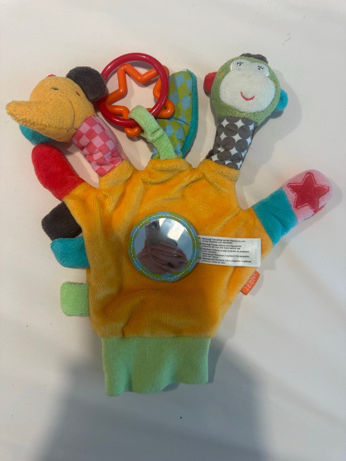 Vrolijke handpop rammelaar met spiegel en bijtring, Ophalen, Zo goed als nieuw, Rammelaar