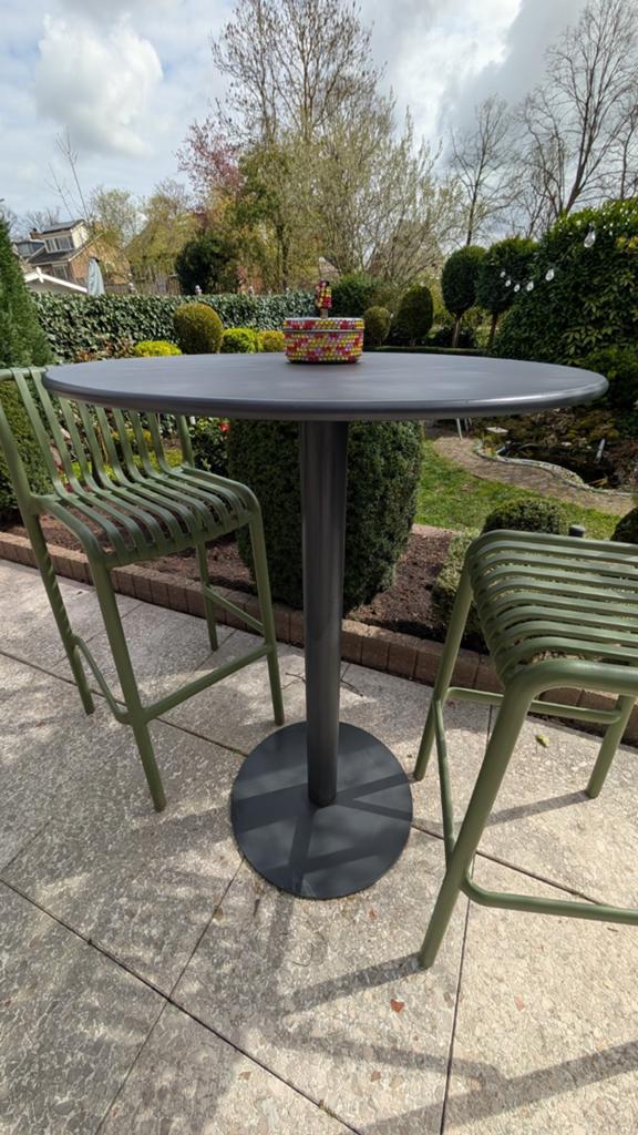 Barset: 2x Porto Barstoelen Groen met Santo Bartafel Zwart, Ophalen, Zo goed als nieuw, Rond, Metaal