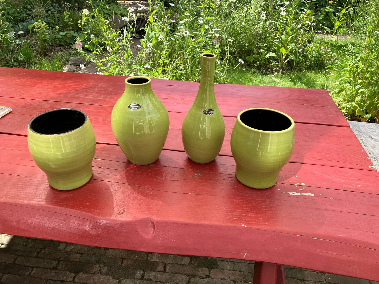 Set van 4 handgemaakte Douwsma vazen groen, Anno 1966, Huis en Inrichting, Woonaccessoires | Vazen, Ophalen, Zo goed als nieuw