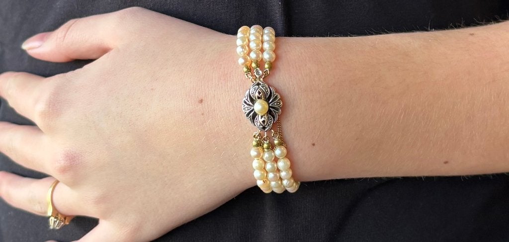 Akoya parel armband fraai 18k slot goud diamant antiek, Ophalen of Verzenden, Goud, Armband, Met edelsteen