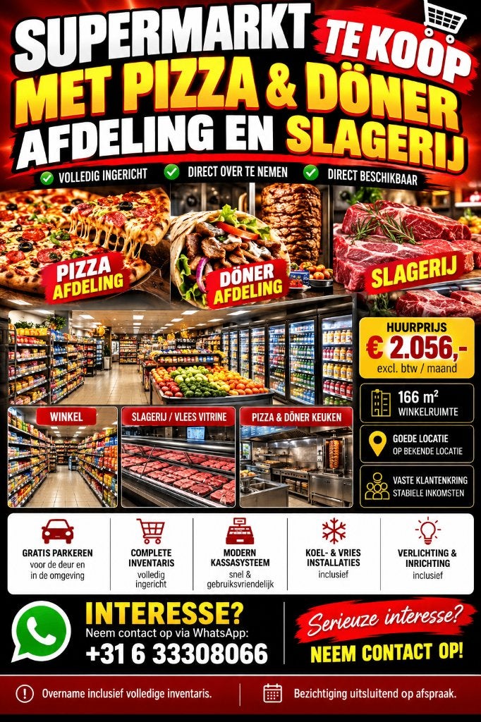 Te Koop: Supermarkt met Pizza- & Dönerafdeling – Instapklaar, Ophalen