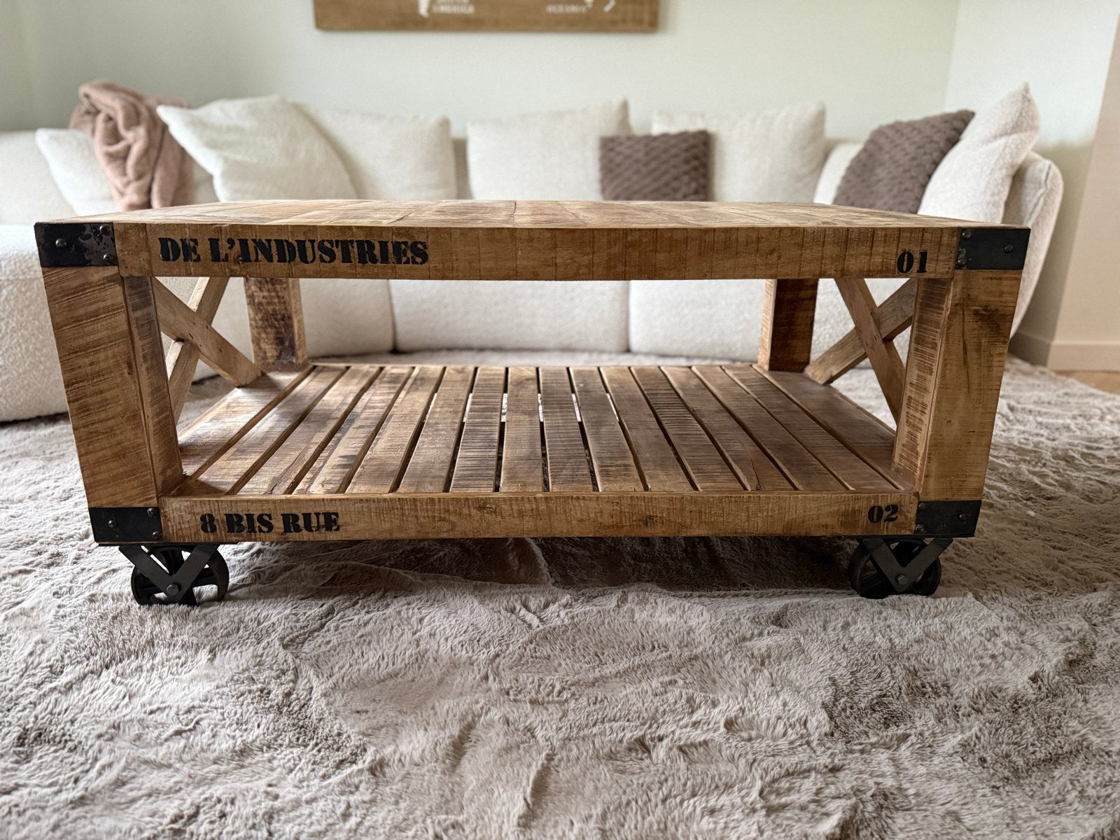 Industriële salontafel met wielen - Mangohout, Ophalen, 50 – 75, 100 tot 150 cm, 50 tot 100 cm