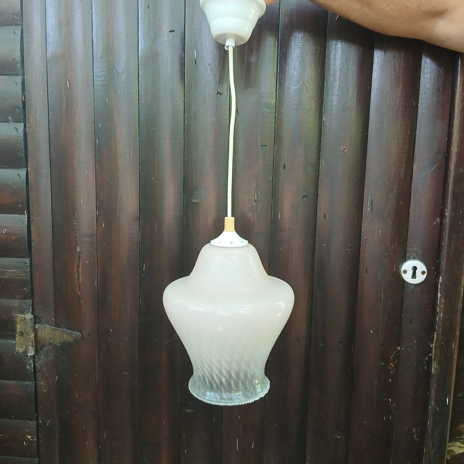 Retro, vintage pastelroze, roze opaline hanglamp, lamp, Ophalen of Verzenden, Huis en Inrichting