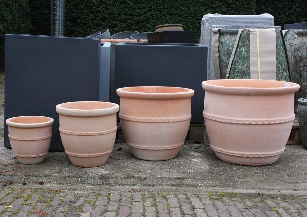 Ronde terracotta bloempotten Greek (4 maten) terras tuin, Tuin en Terras, Bloempotten, Ophalen, 40 cm of meer, Rond, Nieuw
