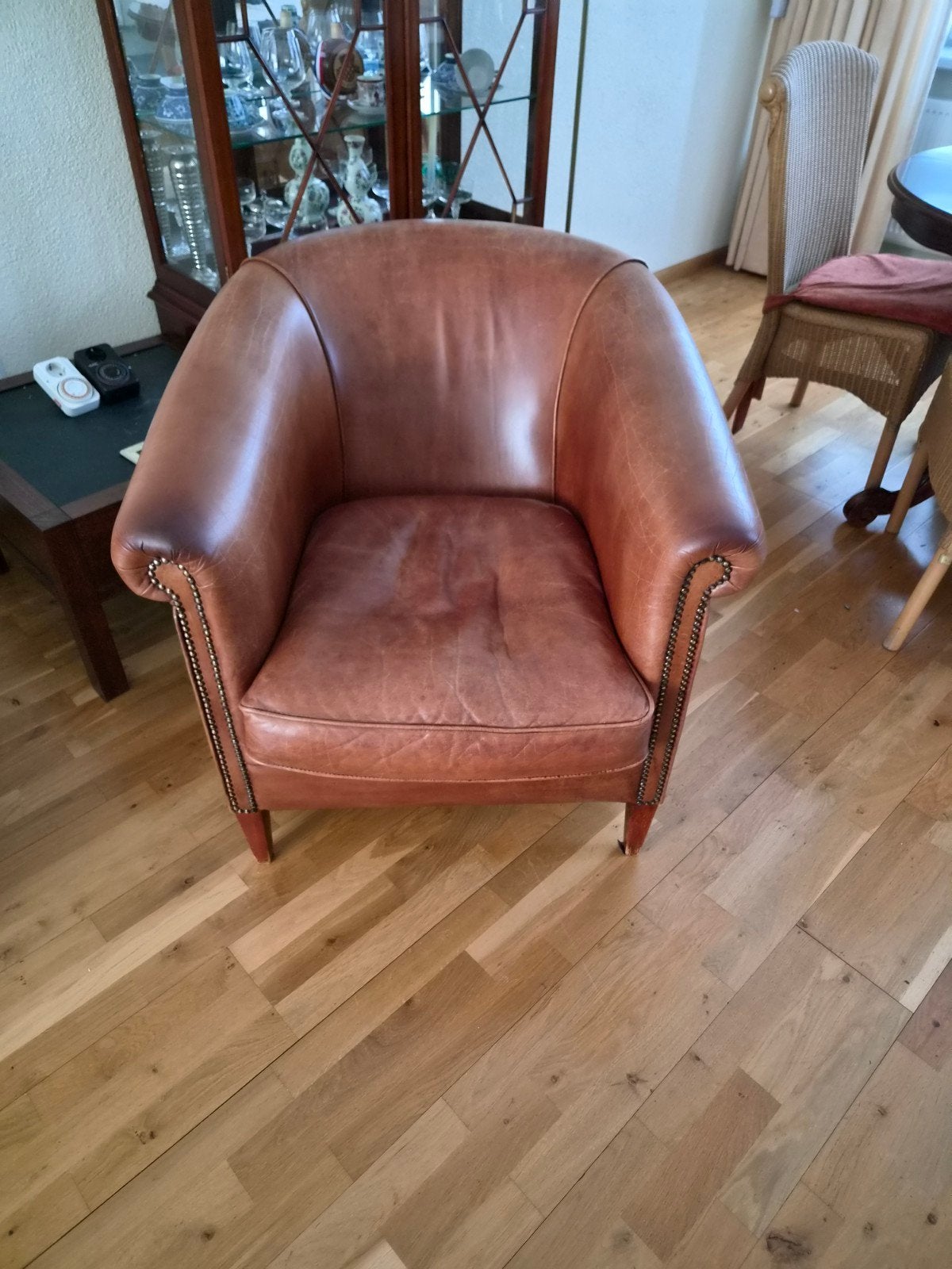 Leren fauteuil - Cognackleurig, Huis en Inrichting, Ophalen, Gebruikt, Klassiek, Vintage, 75 tot 100 cm
