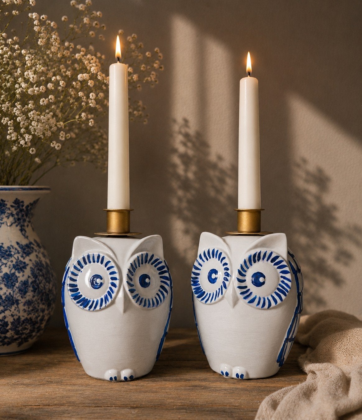 Delfts blauwe Uil Kandelaars - Set van 2, Overige materialen, Blauw, Nieuw, Ophalen of Verzenden