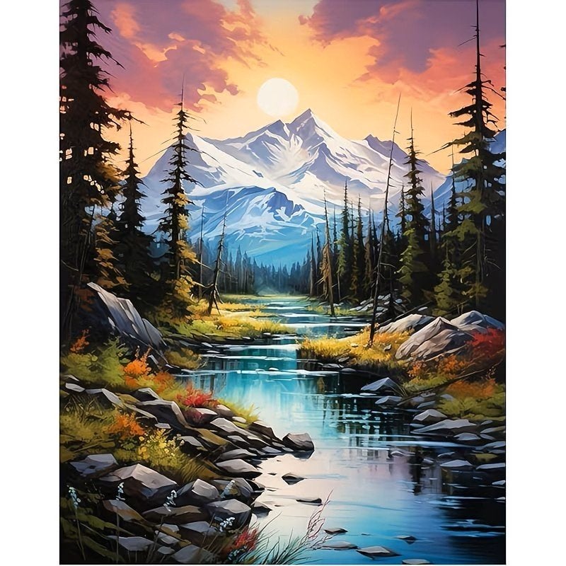 40x30cm Diamond Painting beekje met bergen (rond) nr 264, Verzenden, Nieuw, Meerkleurig, Landschappen