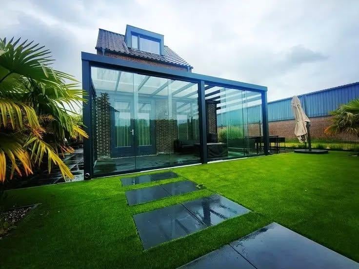 Actieprijs glazen schuifwand 3-rails  Incl. montage mogelijk, Tuin en Terras, Overkappingen, Ophalen, Dekker overkappingen, Nieuw