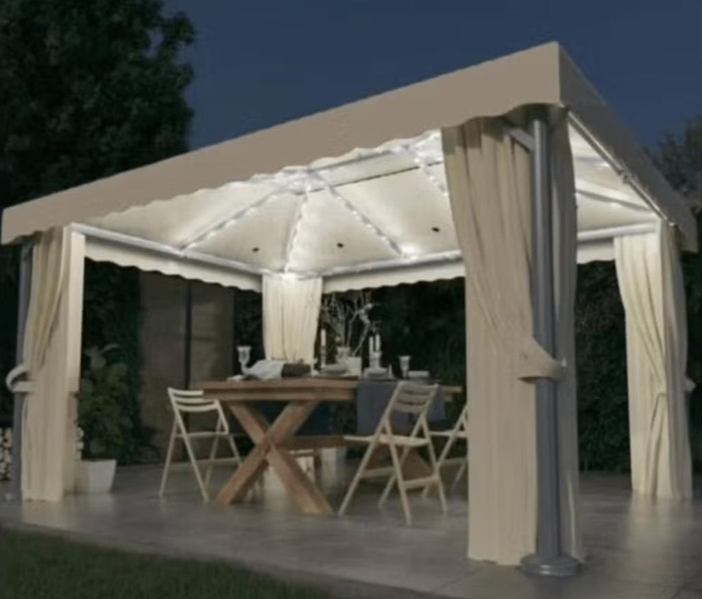 vidaXL Prieel met gordijn en LED-lichtslinger 4x3 m crèmewit, Ophalen of Verzenden, Nieuw, Minder dan 5 meter