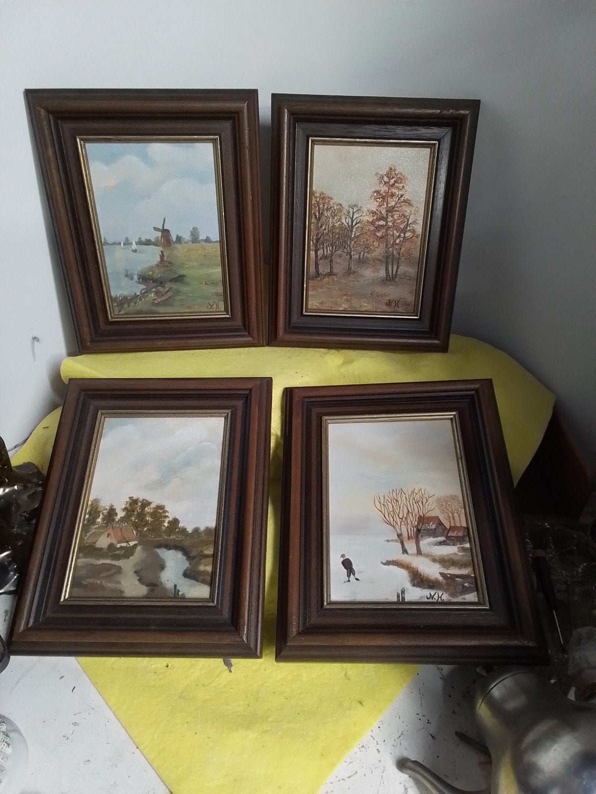 15570) 4 mooie  schilderijtjes houten lijst gesigneerd, Antiek en Kunst, Kunst | Schilderijen | Klassiek, Ophalen of Verzenden