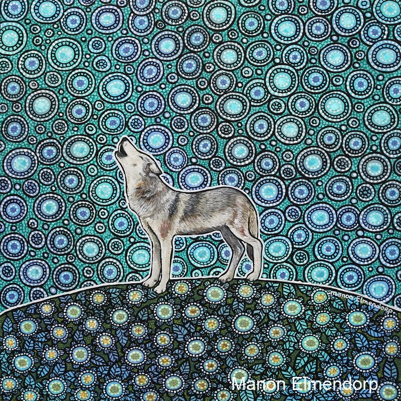 Origineel Handgeschilderd Schilderij "Howling Wolf" 29x29 cm, Antiek en Kunst, Ophalen of Verzenden, Gesigneerd, Acrylverf, Dieren