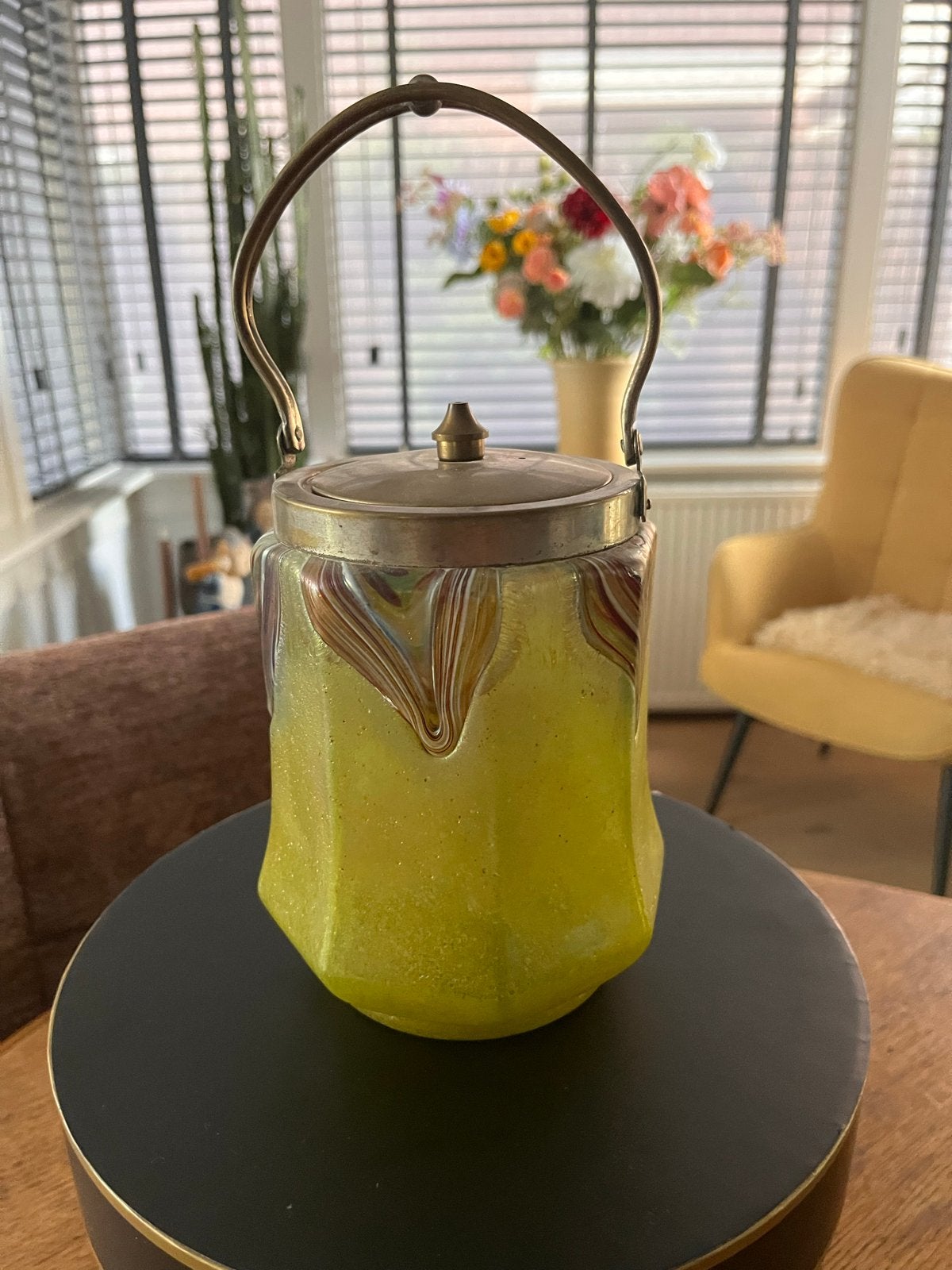 Antieke glazen koektrommel met metalen handvat, Antiek en Kunst, Ophalen of Verzenden