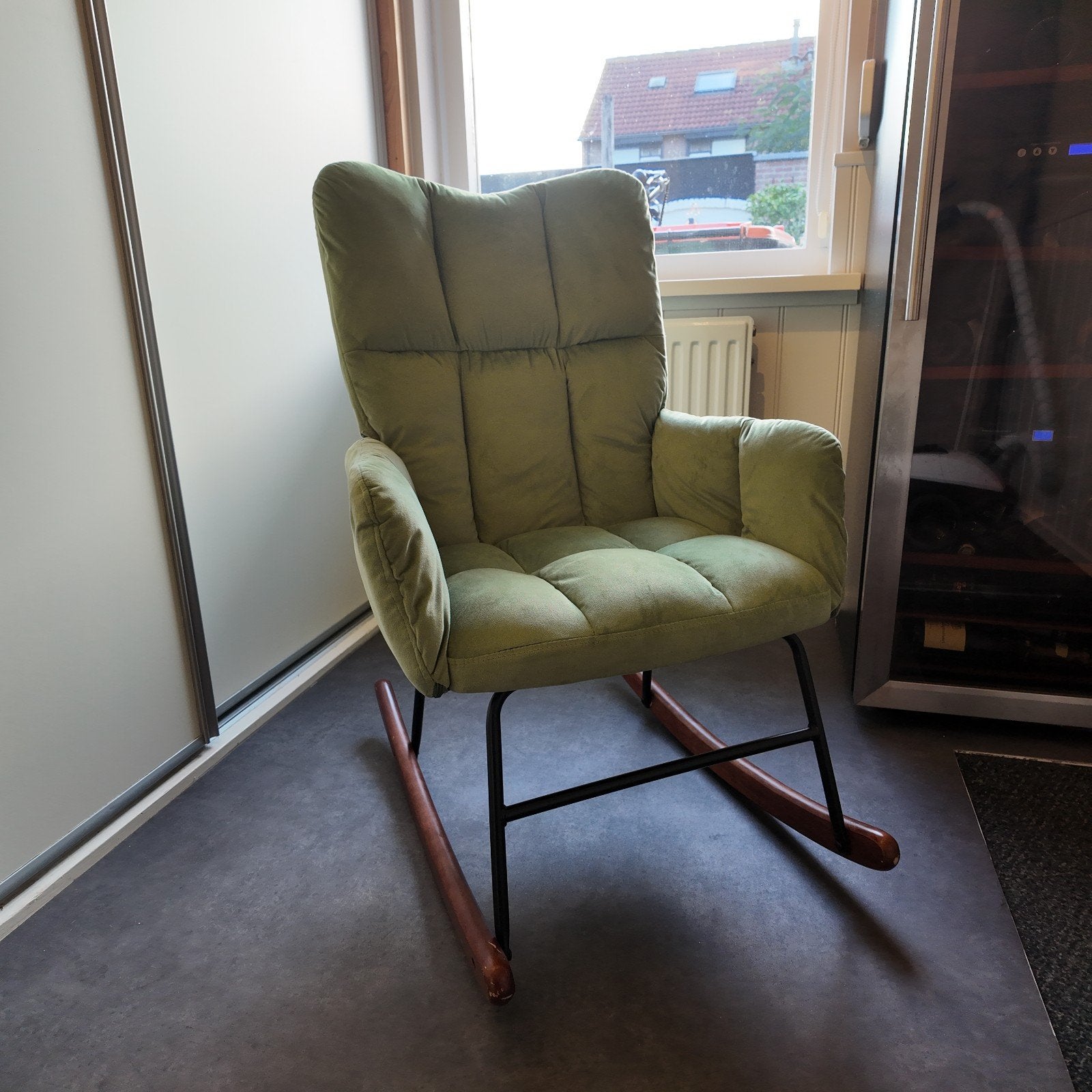 Groene schommelstoel met houten onderstel, Ophalen, Gebruikt, Overige kleuren, Hout