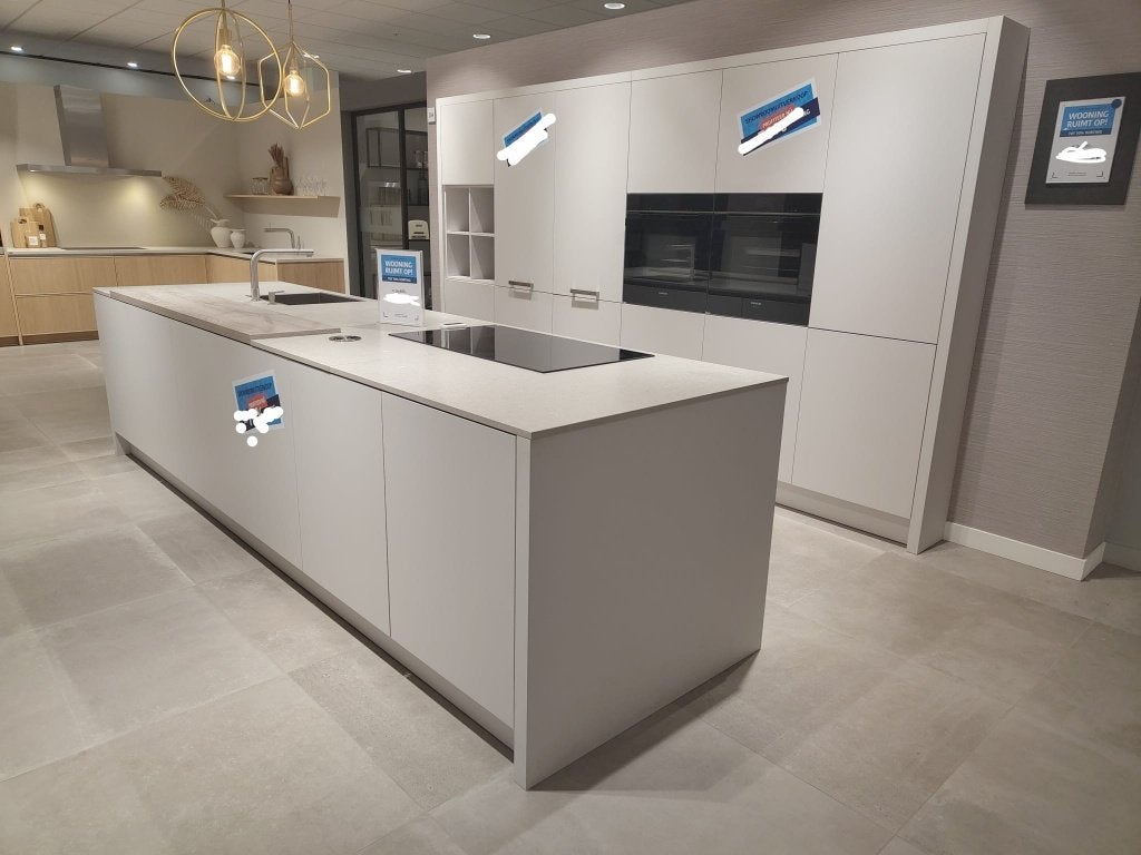 Moderne Satijn matte keuken + kookeiland en Inbouwapparatu, Ophalen, Overige kleuren, Overige typen, Graniet of Steen