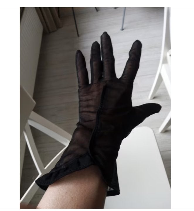 Vintage  lang Perlon Handschoenen Zwart - Jaren '70 - Maat S, Ophalen of Verzenden, Maat 36 (S), Handschoenen, Onbekend