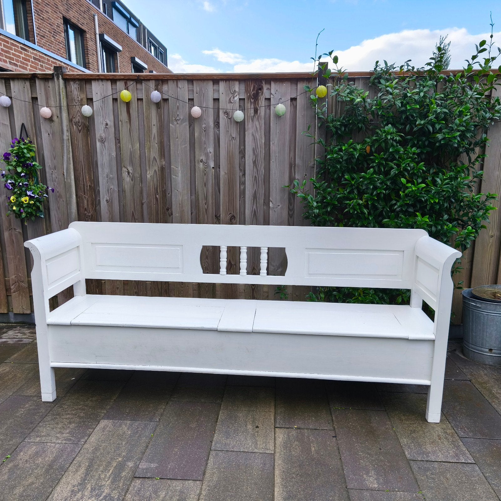 Witte houten klepbank met opbergruimte, Antiek en Kunst, Ophalen