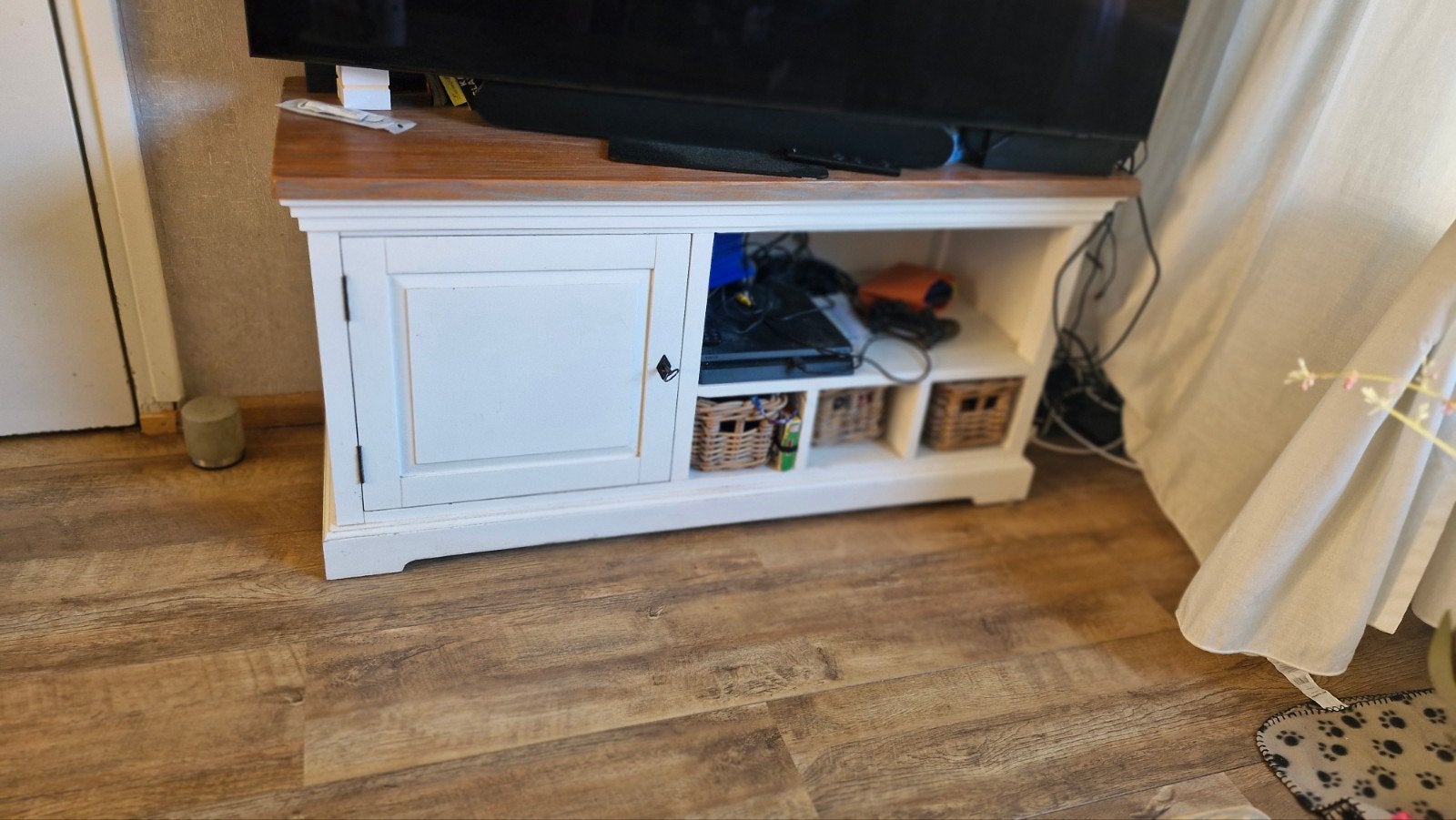 TV meubel wit met houten blad - 120x45 cm, Ophalen, Gebruikt, 100 tot 150 cm, 25 tot 50 cm