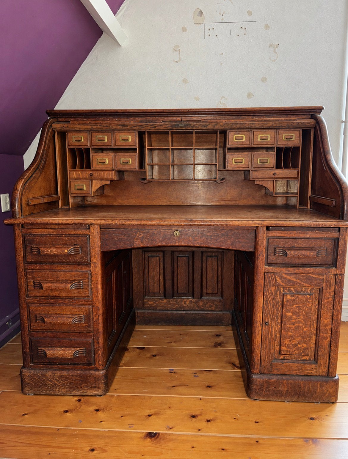 Antiek eikenhouten rolluikbureau met bijpassende stoel, Ophalen, Zo goed als nieuw