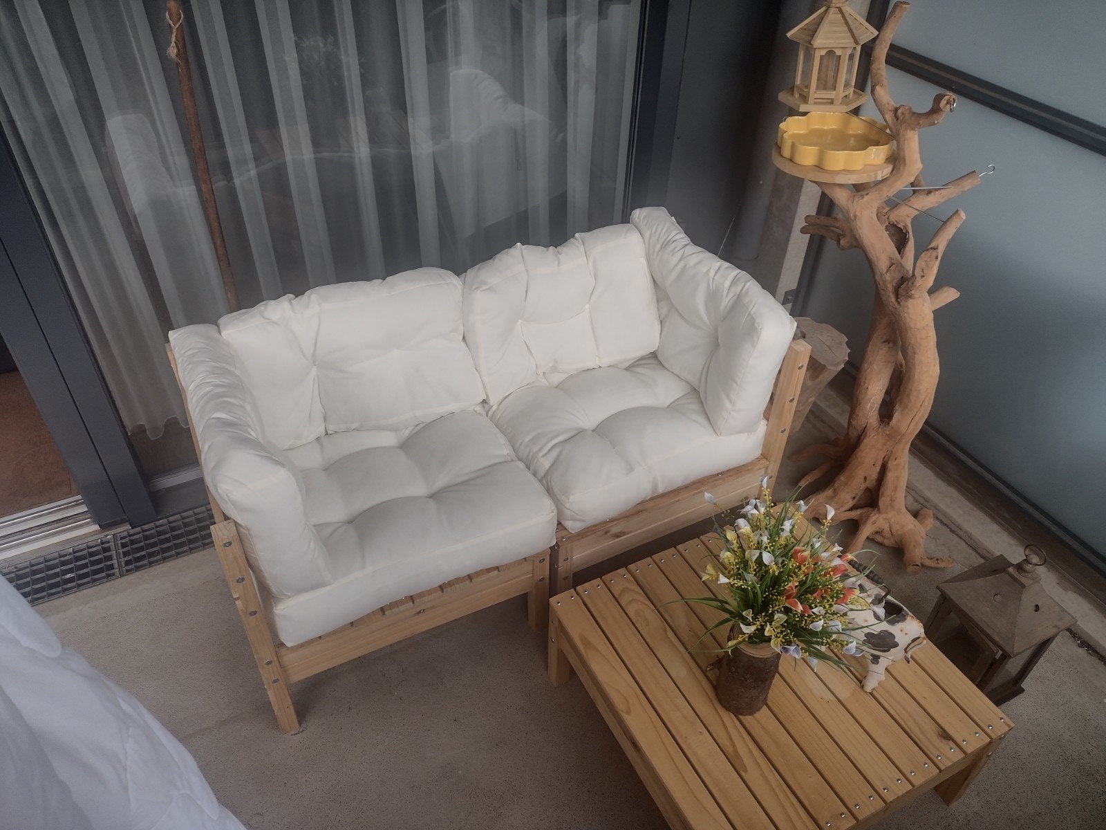 Balkon bankje met tafel - Compacte loungeset, Tuin en Terras, Tuinsets en Loungesets, Bank, Zo goed als nieuw, Loungeset, Hout